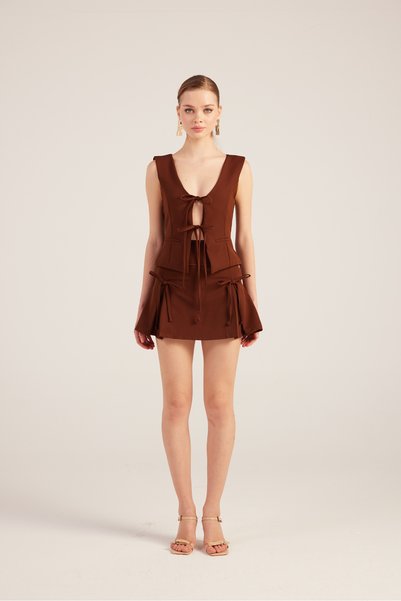 Ribbon High Waist Pleated Mini Elena Short Skirt Brown