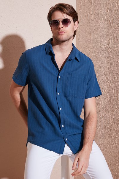 Cotton Regular Fit Single Pocket Short Sleeve Shirt Men's Shirt Cf25S 128230