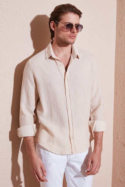 Striped Regular Fit Cotton Long Sleeve Shirt Men's Shirt Cf25S 129721