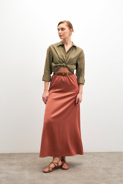 Women's Tile Waist Elastic Flowy Satin Flared Skirt