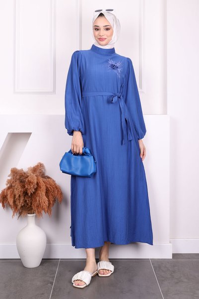 Indigo Balloon Sleeve Belted Dress