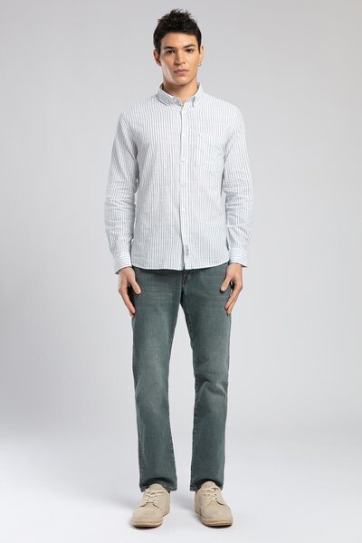 Onesa Men's 100% Cotton Long Sleeve Woven Shirt White-Emerald