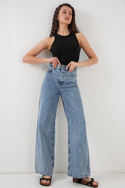 Women's Wide Leg High Waist Palazzo Jeans 6656 - Blue