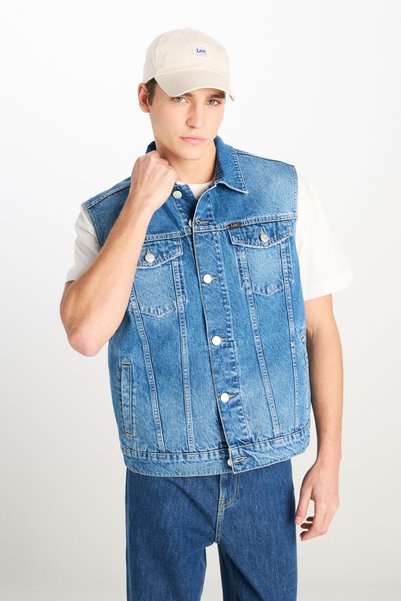 100% Cotton Relaxed Fit Wide Cut Pocket Detailed Blue Denim Vest