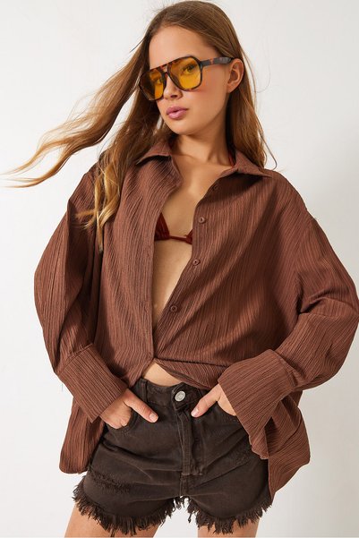 Women's Brown Off-Shoulder Oversize Basic Wrinkled Shirt 60392 60271069