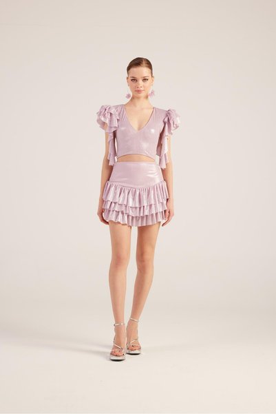Ruffle Detailed Skirt Blouse Nana Set Pink