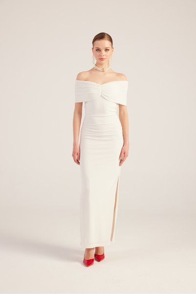 Madonna Collar Slit Long Lilac Dress White