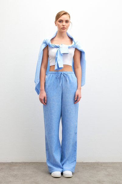 Women's Blue Linen Blended Loose Cut Trousers