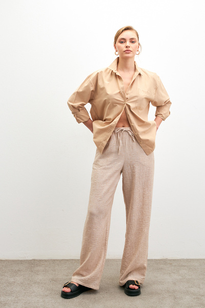 Women's Cream Linen Blended Loose Cut Trousers
