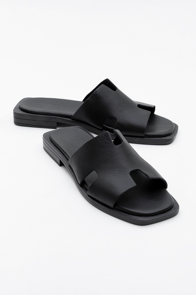 Jez Black Skin Genuine Leather Women's Slippers