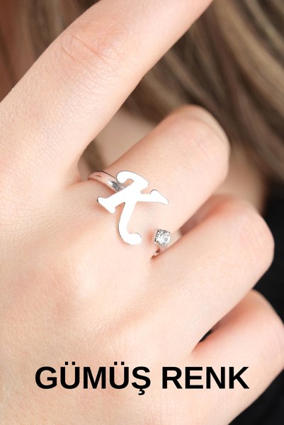 White Plated Anti-Tarnish Adjustable Letter K Zircon Stone Ring