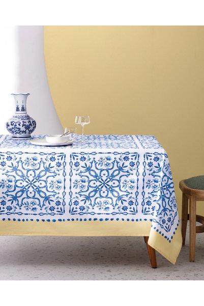 Ligny Polycotton Tablecloth - Blue/Beige -150X250 cm