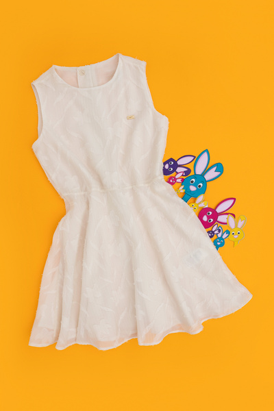 Girls Ecru Crew Neck Sleeveless Chiffon Lined Woven Dress 50299308-Vr019