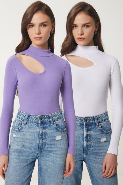Women's Lilac White 2'Li Pack Cut Out Detailed Ribbed Knitted Blouse Gt00235
