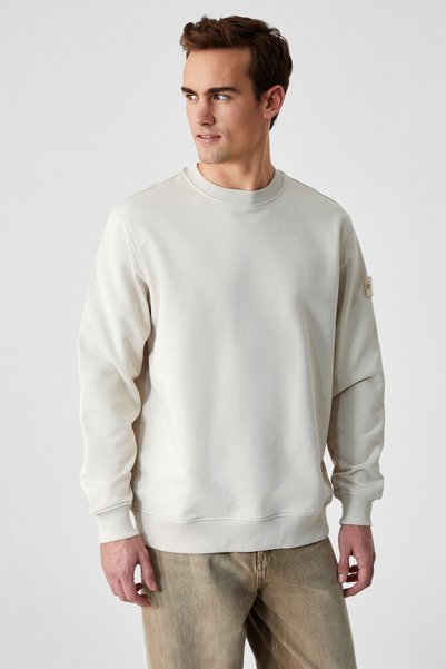 Ollie Men's Crew Neck Regular Long Sleeve Embroidery Detailed Beige Sweatshirt