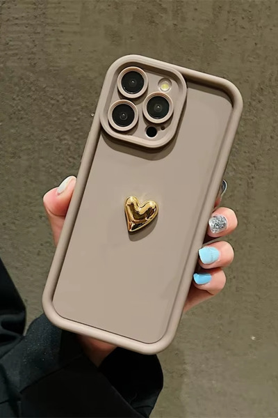 iPhone 12 Pro Max Compatible Case 3D Gold Heart Shock Resistant Soft Camera Protection Cover Coffee