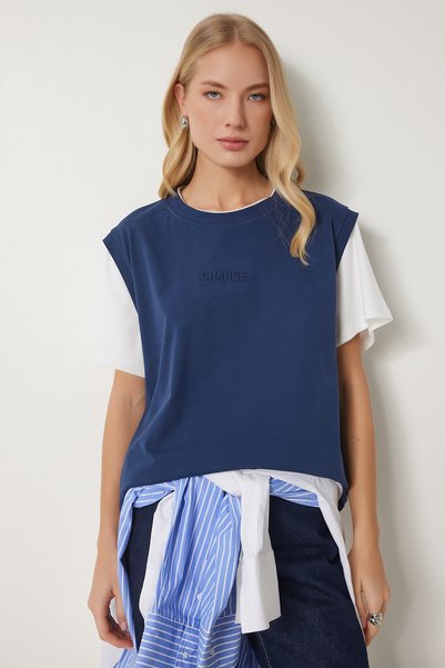 Women's Navy Blue Contrast Colored Cotton Knitted T-Shirt Cr00459