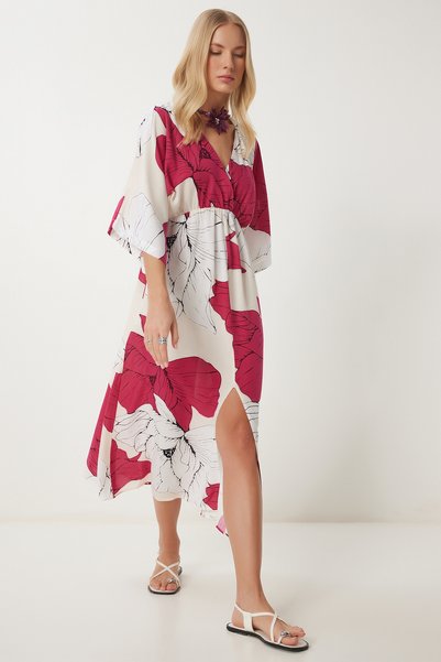 Women's Dark Pink White Wrap Collar Patterned Summer Viscose Dress Dk00166