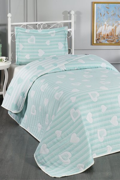 Aston Heart Patterned Cotton Single Bedspread Pique Set 2 Pieces Mint Children's Teenager Bedspread