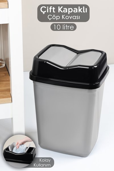 10 Liter Double Lid Plastic Trash Can - Home Office Bathroom Kitchen Trash Can Gray