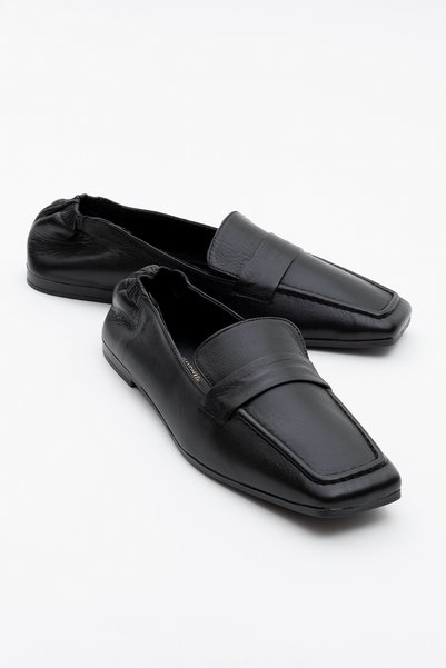 Li̇epa Black Skin Genuine Leather Women's Loafer Shoes with Elastic Back and Blunt Toe