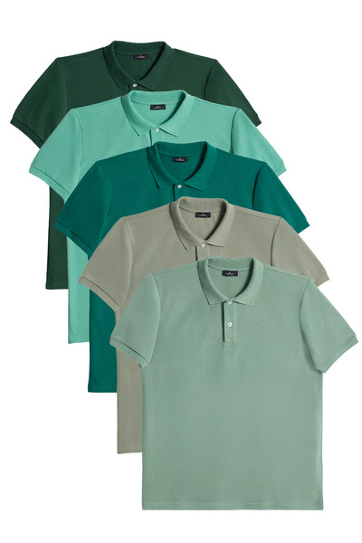 Men's 5 Pack Green Shades Slim Fit Slim Fit Cotton Plain Pique Polo Neck T-Shirt