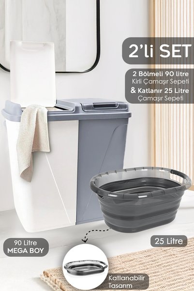 Set of 2 Laundry Baskets - 90Lt Two Compartment Dirty Laundry Basket Accordion Foldable Basket Platinum
