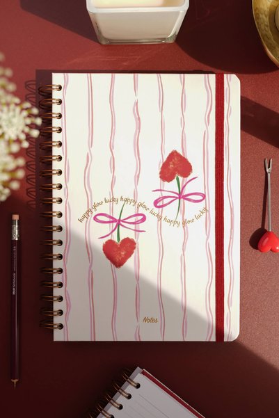 B5 17X24 cm Spiral Elastic Striped Undated Notepad Cherry Bow