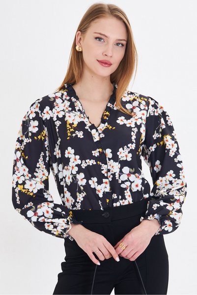 Women's Black Collared Blouse with Ruffled Front and Elastic Sleeves Long Sleeve Blouse Arm-25Y001015