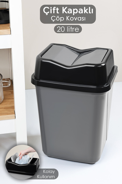 20 Liter Double Lid Plastic Trash Can - Home Office Bathroom Kitchen Trash Can Gray