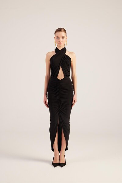 Draped Detail Backless Slit Long Marie Dress Black