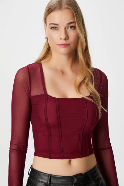 Women's Alina Corset Look Burgundy Tulle Crop Blouse