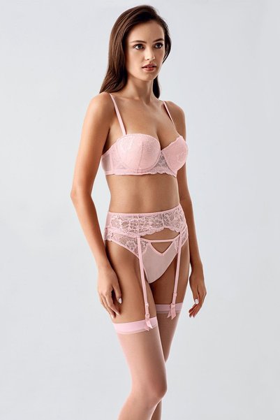 Push up Lace Bra Set with Garter Belt and Stockings C14169 Powder