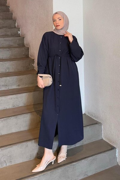 Fake Cuff Detailed Dumbbell Hijab Dress Navy Blue