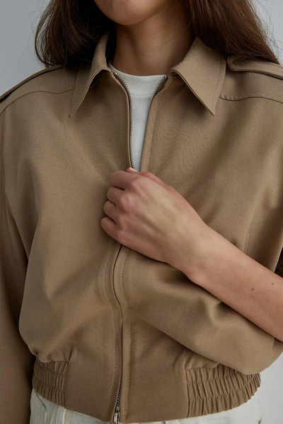 Camel Cooper Crop Bomber Jacket