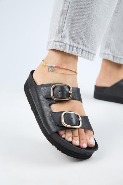 Alexa Women's Leather Genuine Leather Double Buckle Platform Black Slippers