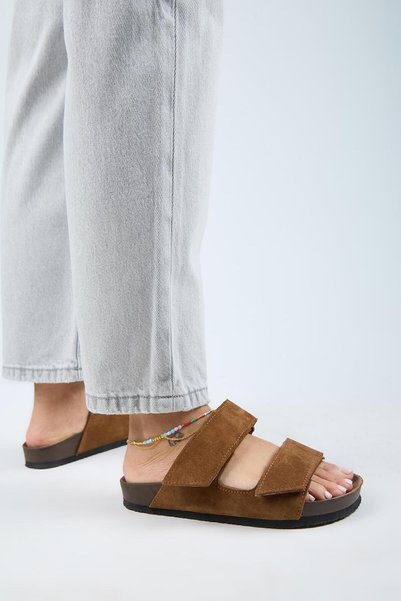(Vina 2) Women's Genuine Leather Double Velcro Tan Slippers