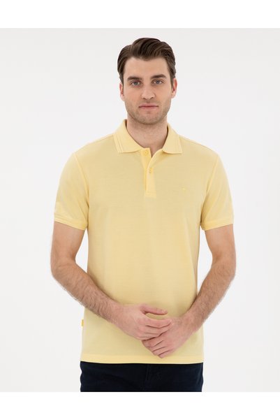 Light Yellow Slim Fit 100% Cotton Buttoned Polo Collar Basic T-Shirt 50306448-Vr004