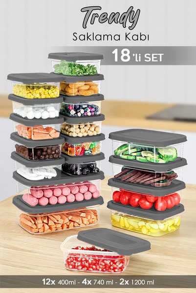 18-Piece Rectangular Food Storage Container Set - Microwave Safe Organizer Food Container Gray