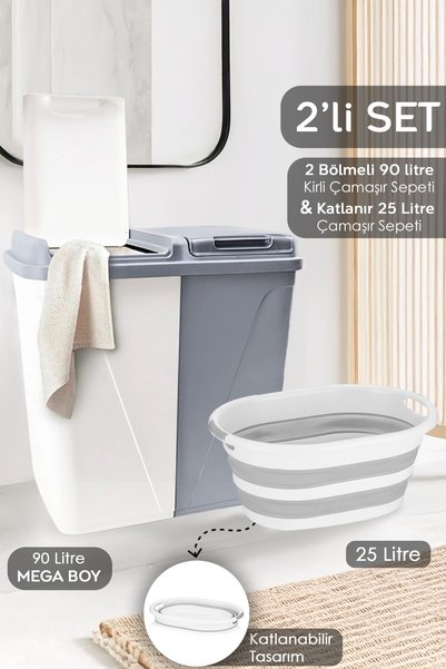 Set of 2 Laundry Baskets - 90 Lt Two Compartment Dirty Laundry Basket Foldable Accordion Basket Gray