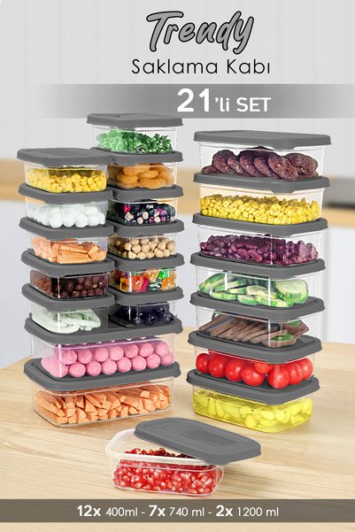 21-Piece Rectangular Food Storage Container Set - Microwave Safe Organizer Food Container Gray