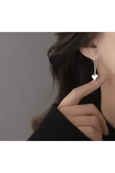 Women's Chain Heart Dangle Silver Earrings, Minimal Heartli Earrings