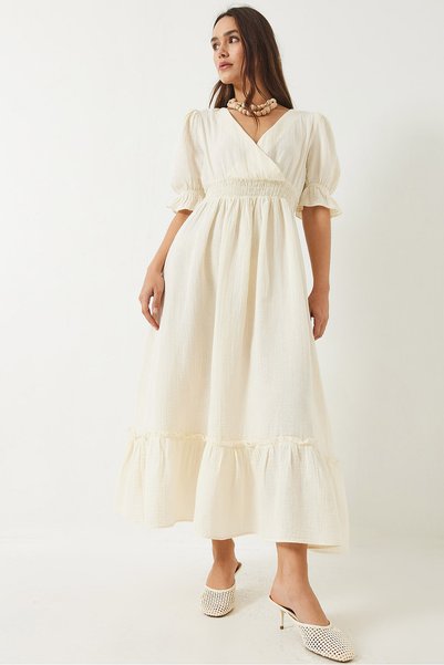 Women's Beige Double-Breasted Collar Long Dress with Elastic Sleeves and Waist 3018 60283012