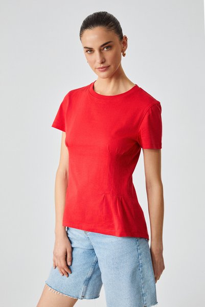 Jessia Women's Corset Detailed 100% Organic Cotton Crew Neck Red T-Shirt