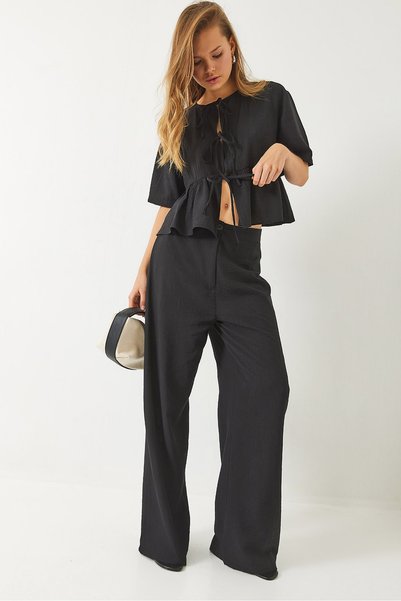 Women's Black Tie Detailed Short Sleeve Blouse Trousers Bottom-Top Set 9265 60281014