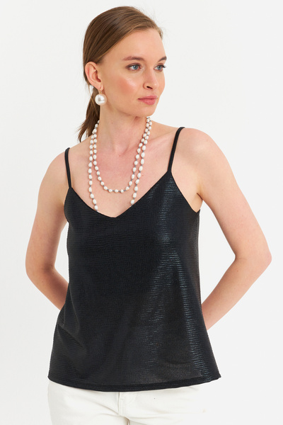 Women's Black Rope Strap Shiny Blouse Rsp1094