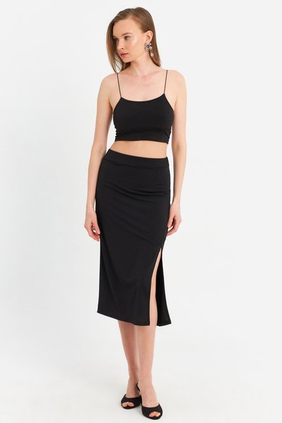 Women's Black Rope Strap Crop Skirt Suit Mrs10004-1