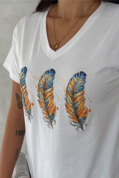 Women's White V-Neck 3 Feather Sequin Embroidered 100% Cotton T-Shirt