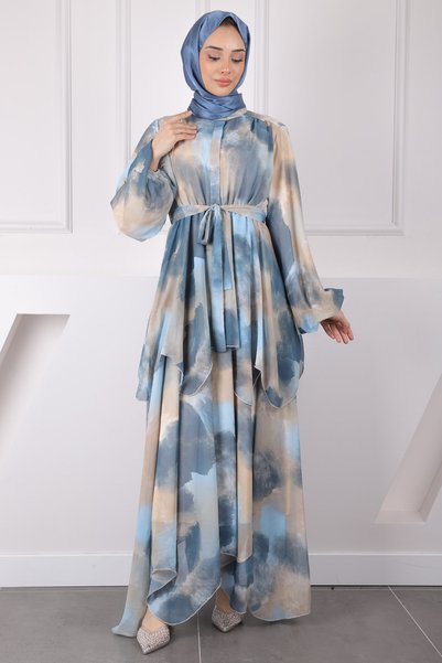 Blue Waist Belted Chiffon Dress