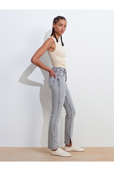 71793 Comfort Lycra Denim Trousers with Side Slits-Grey